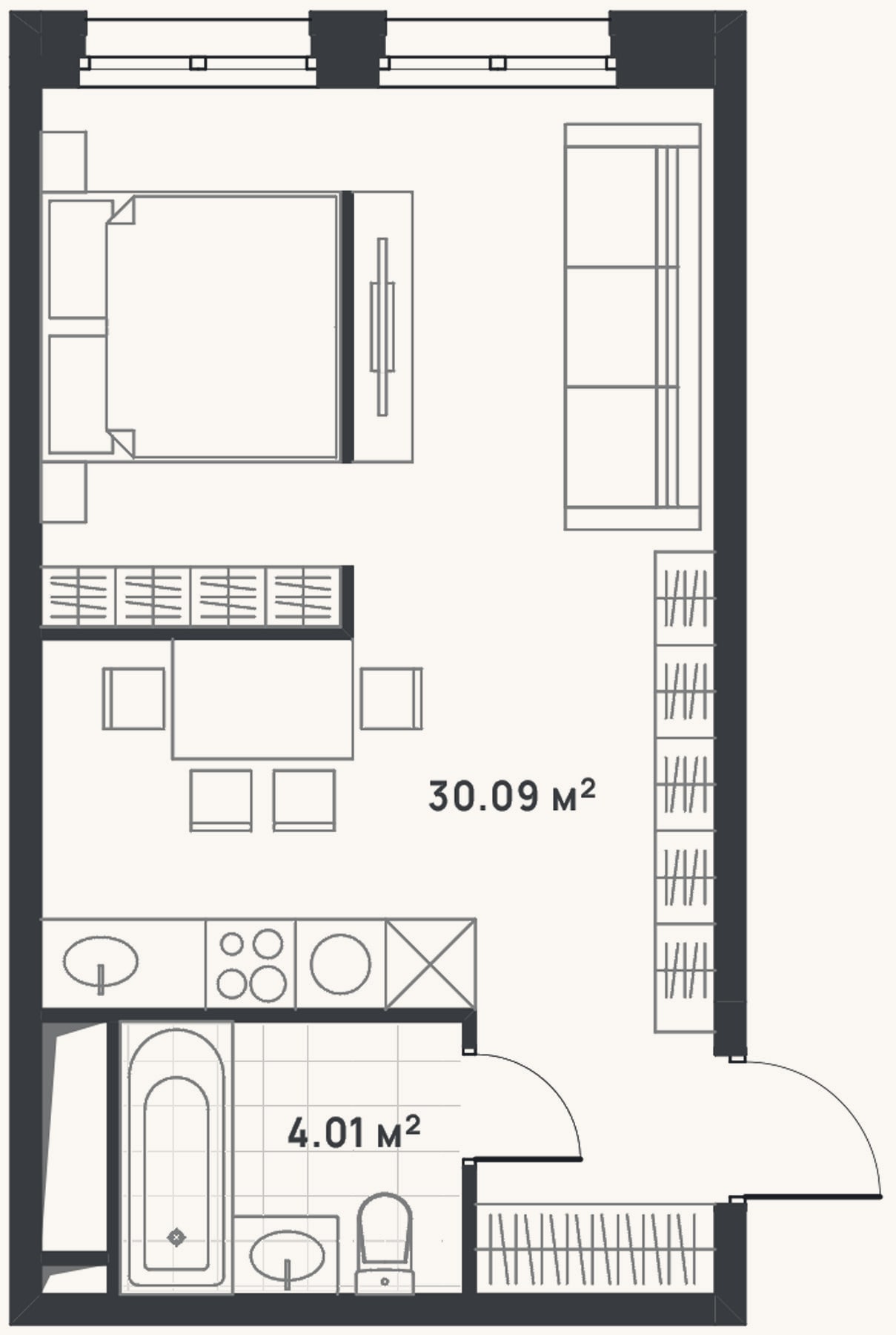 Планировка: Студия, 34,1 м²