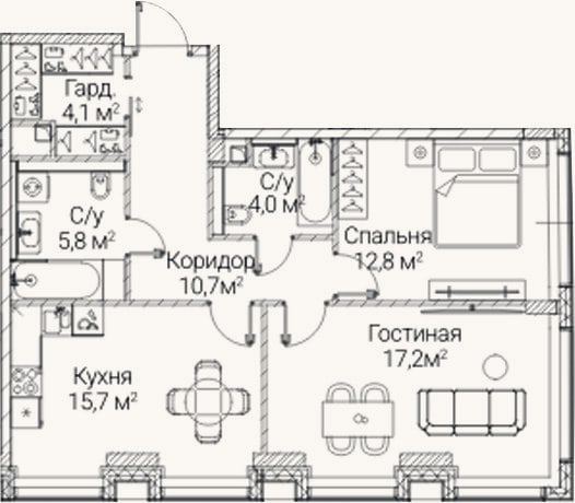 Планировка: 2-к, 70,3 м²