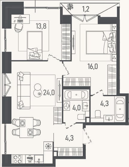Планировка: 3-к, 66,4 м²