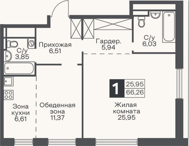 Планировка: 2-к, 66,3 м²