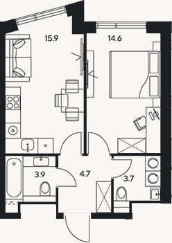 Планировка: 1-к, 42,8 м²