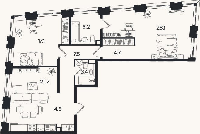 Планировка: 3-к, 90,7 м²