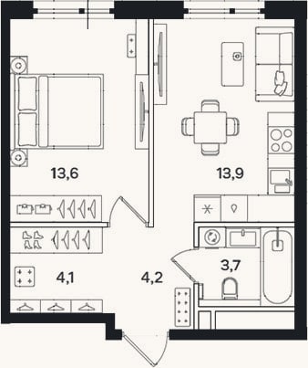 Планировка: 1-к, 39,5 м²