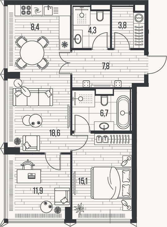 Планировка: 3-к, 76,6 м²