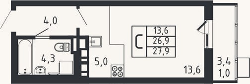 Планировка: Студия, 26,9 м²
