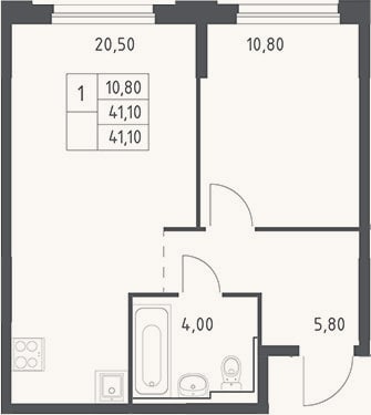 Планировка: 2-к, 41,1 м²