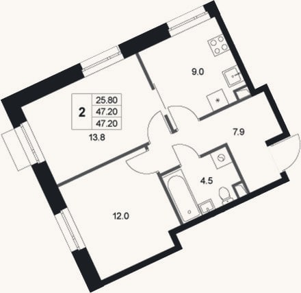 Планировка: 2-к, 47,2 м²