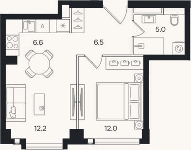 Планировка: 2-к, 42,3 м²