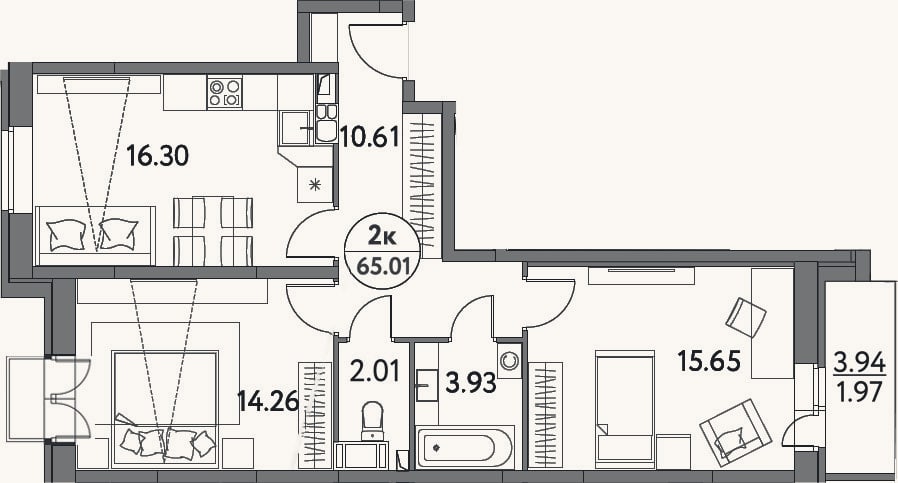 Планировка: 3-к, 62,8 м²