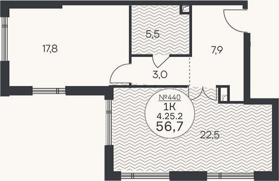 Планировка: 1-к, 56,7 м²