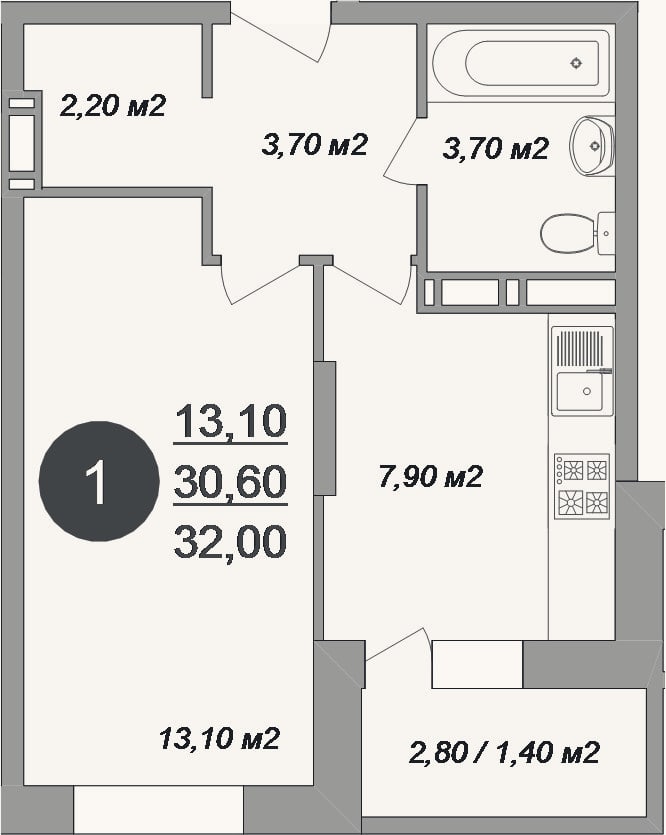 Планировка: 1-к, 30,6 м²