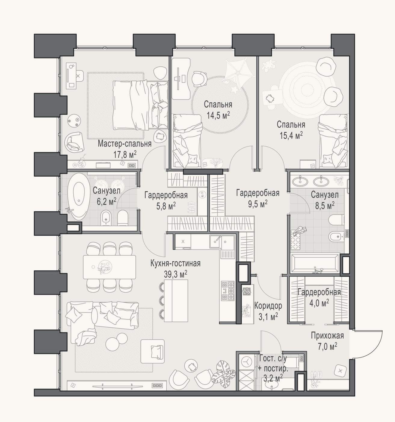 Планировка: 4+ к, 135,4 м²