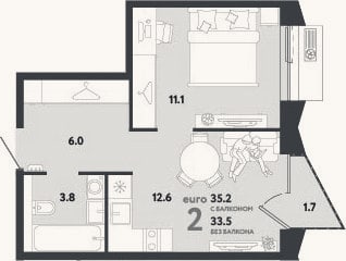 Планировка: 2-к, 33,5 м²
