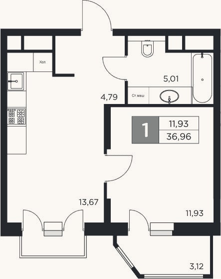 Планировка: 1-к, 35,4 м²