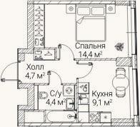 Планировка: 1-к, 32,6 м²