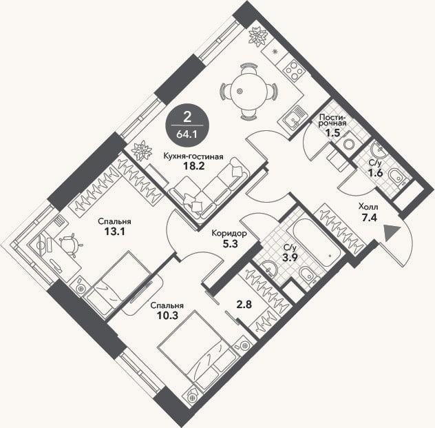 Планировка: 3-к, 65,5 м²