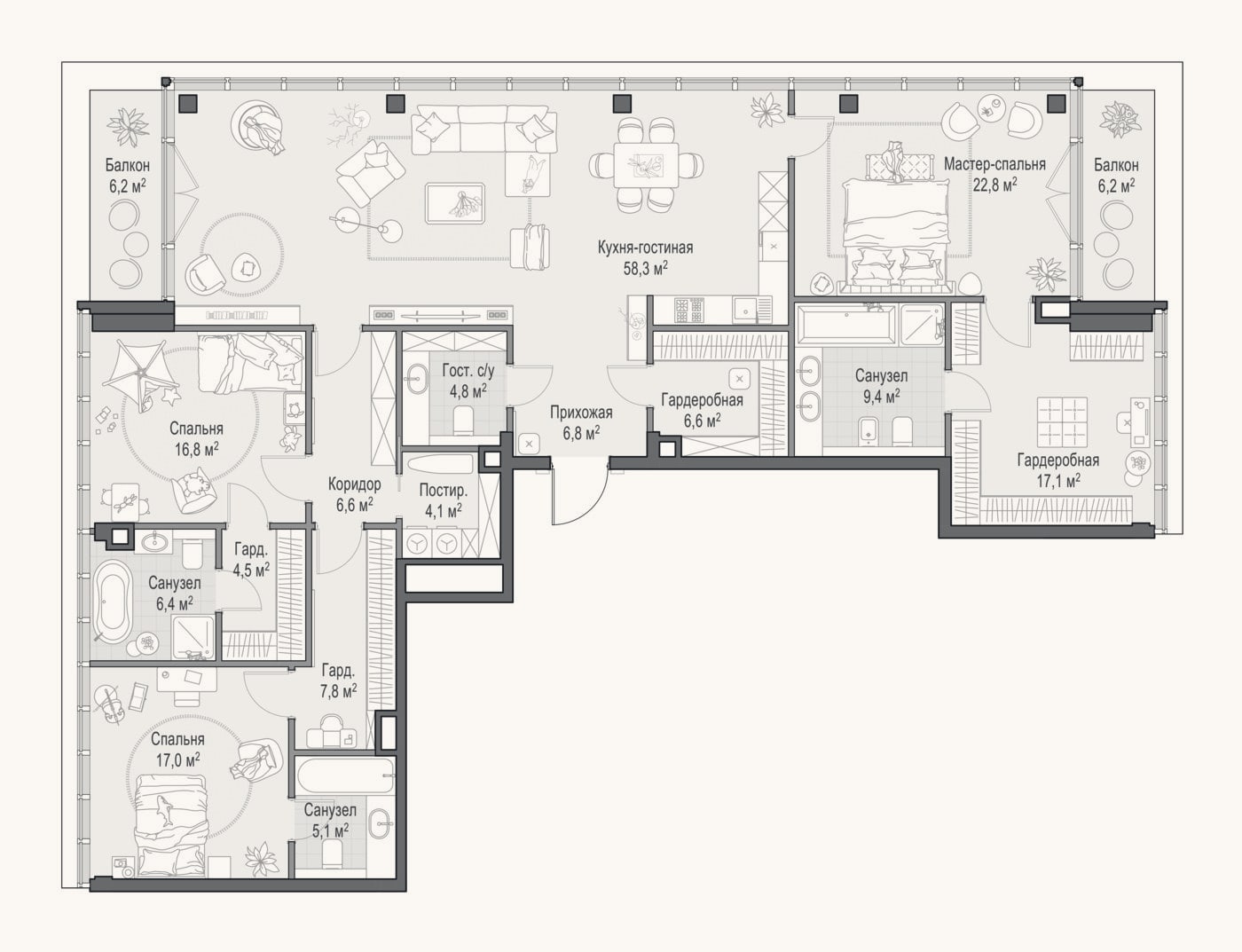Планировка: 4+ к, 199,1 м²