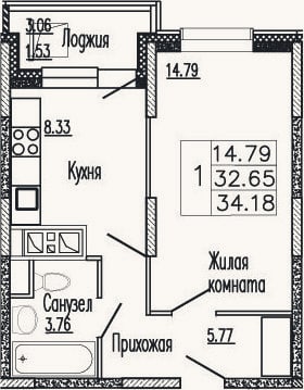 Планировка: 1-к, 34,1 м²