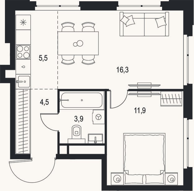 Планировка: 2-к, 42,1 м²