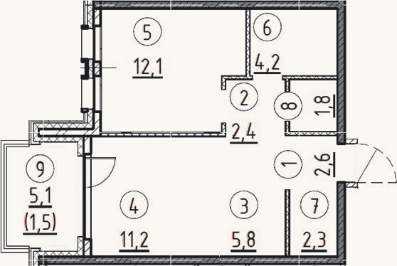Планировка: 1-к, 42,5 м²