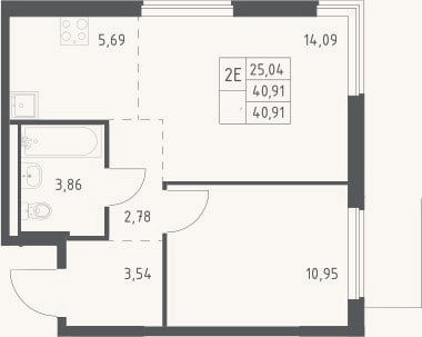 Планировка: 2-к, 40,9 м²