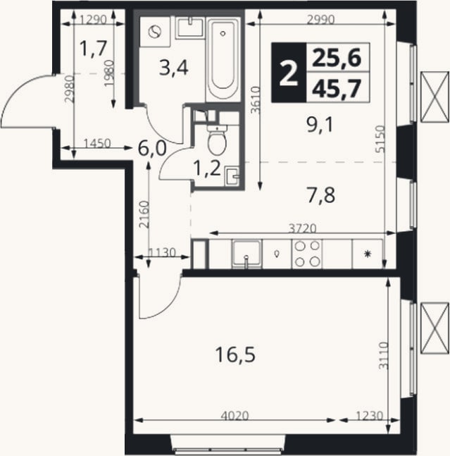 Планировка: 2-к, 45,7 м²