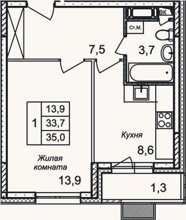 Планировка: 1-к, 33,7 м²