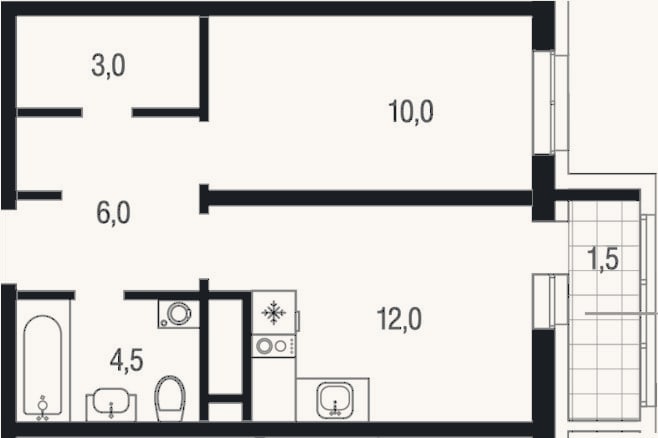 Планировка: 1-к, 35,5 м²