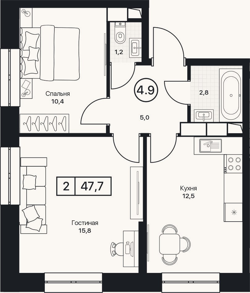 Планировка: 2-к, 47,7 м²