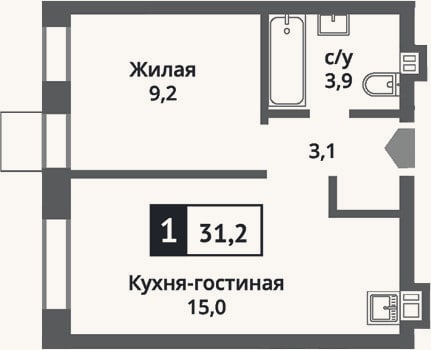 Планировка: 2-к, 31,2 м²