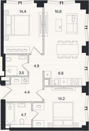 Планировка: 3-к, 69,7 м²