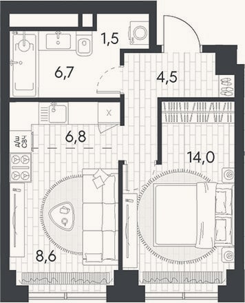 Планировка: 2-к, 42,1 м²