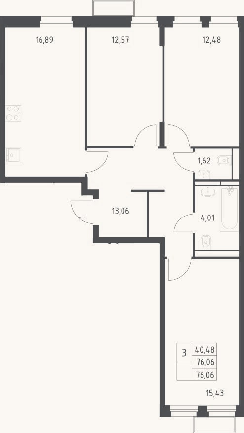 Планировка: 3-к, 76,1 м²