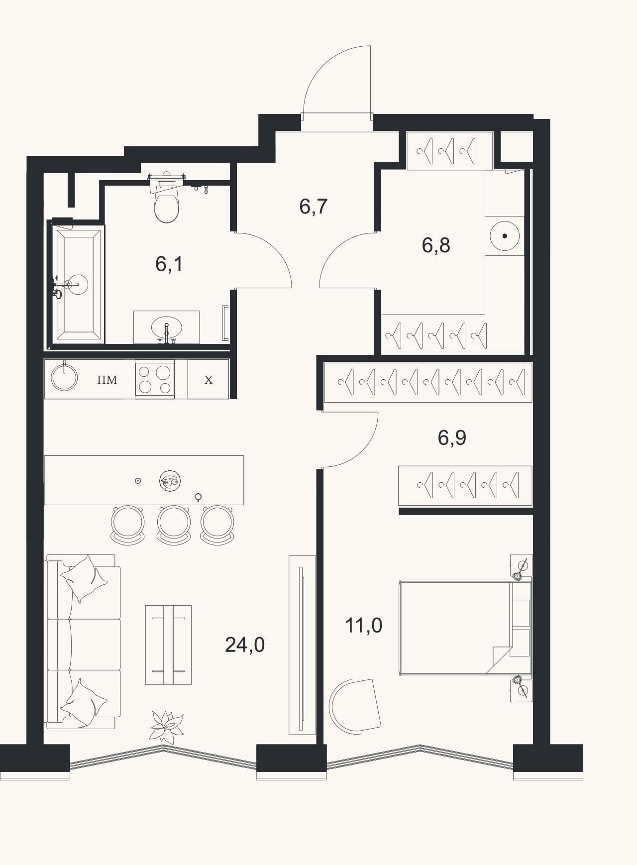 Планировка: 2-к, 61,5 м²