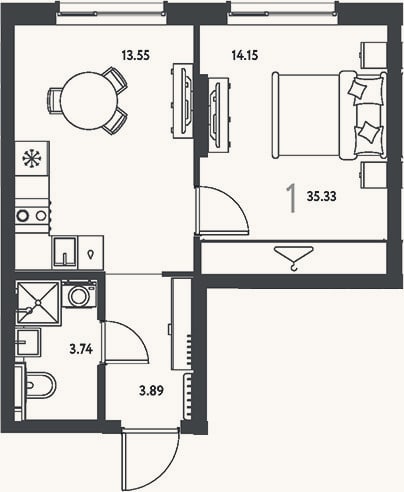 Планировка: 1-к, 35,3 м²
