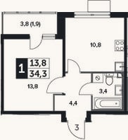 Планировка: 1-к, 32,4 м²