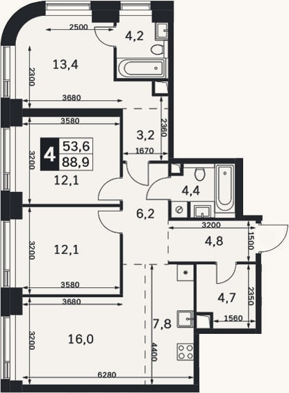 Планировка: 4+ к, 88,9 м²