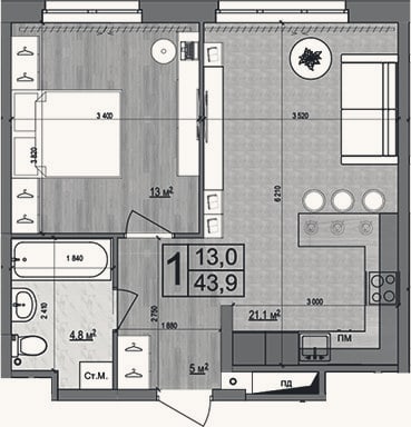 Планировка: 2-к, 43,9 м²