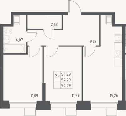 Планировка: 3-к, 54,3 м²