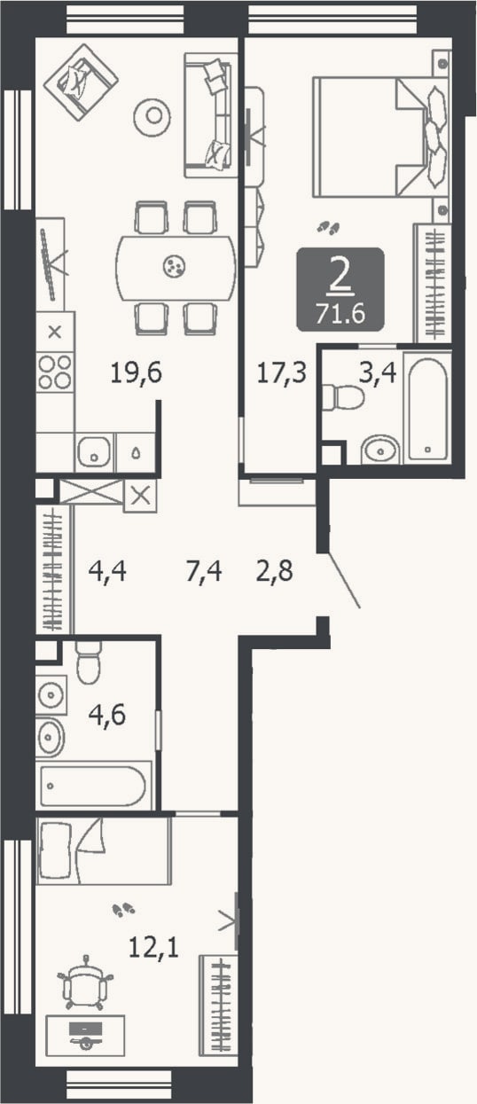 Планировка: 3-к, 71,6 м²