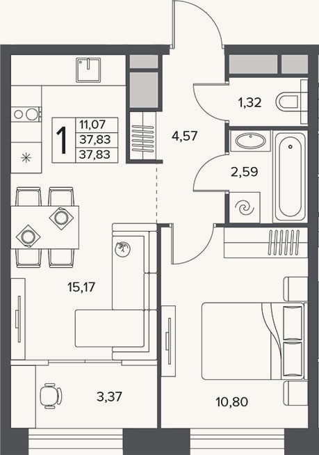 Планировка: 2-к, 37,8 м²