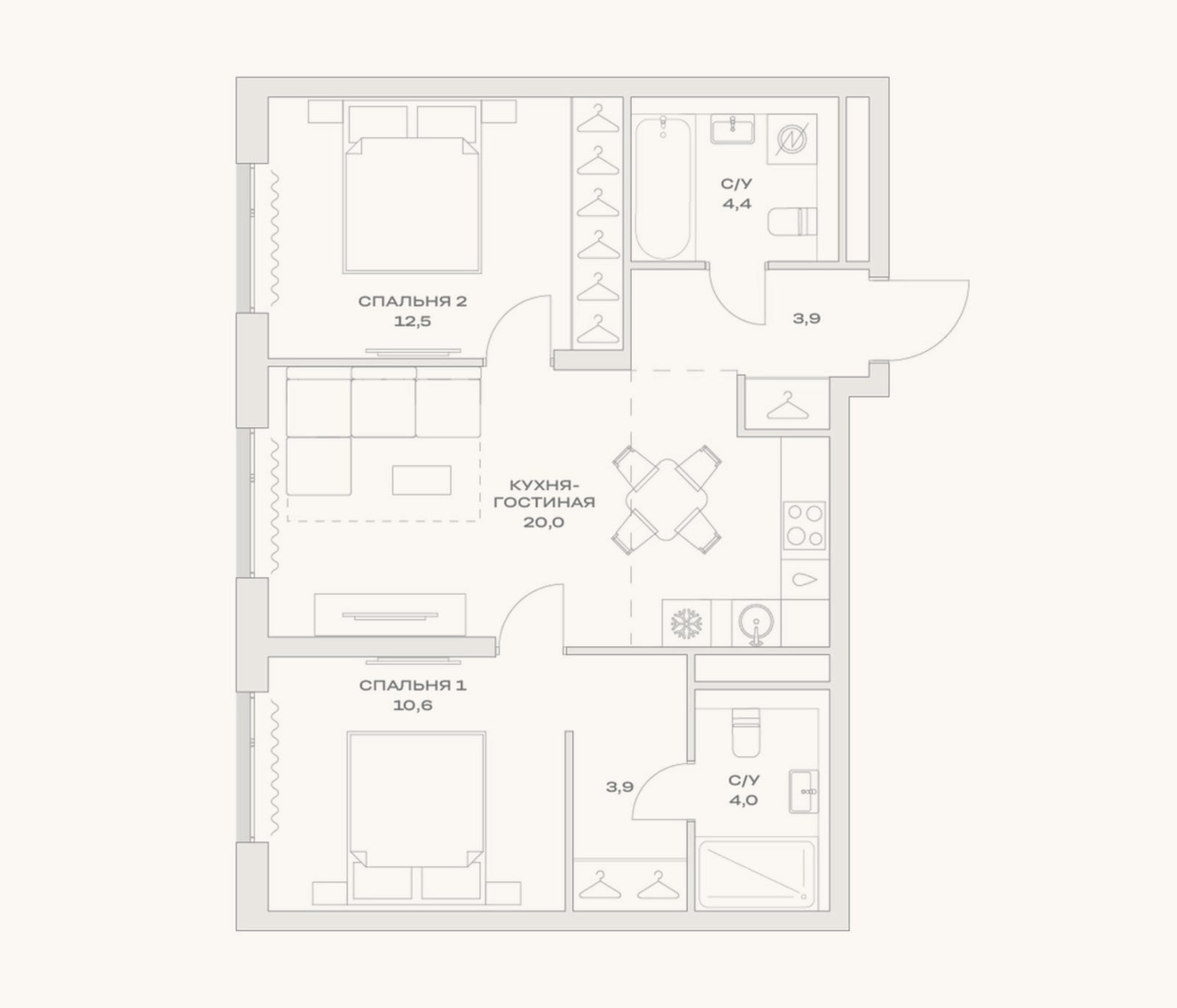 Планировка: 3-к, 59,3 м²