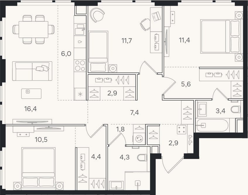 Планировка: 4+ к, 88,7 м²