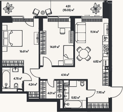 Планировка: 3-к, 80,2 м²