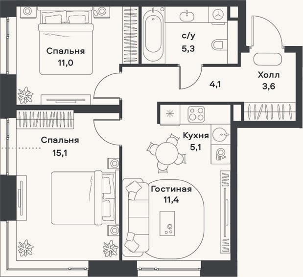 Планировка: 3-к, 55,6 м²