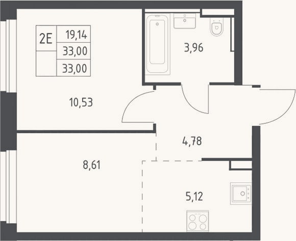 Планировка: 2-к, 33 м²
