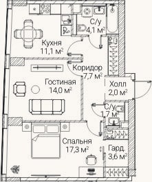 Планировка: 2-к, 61,5 м²
