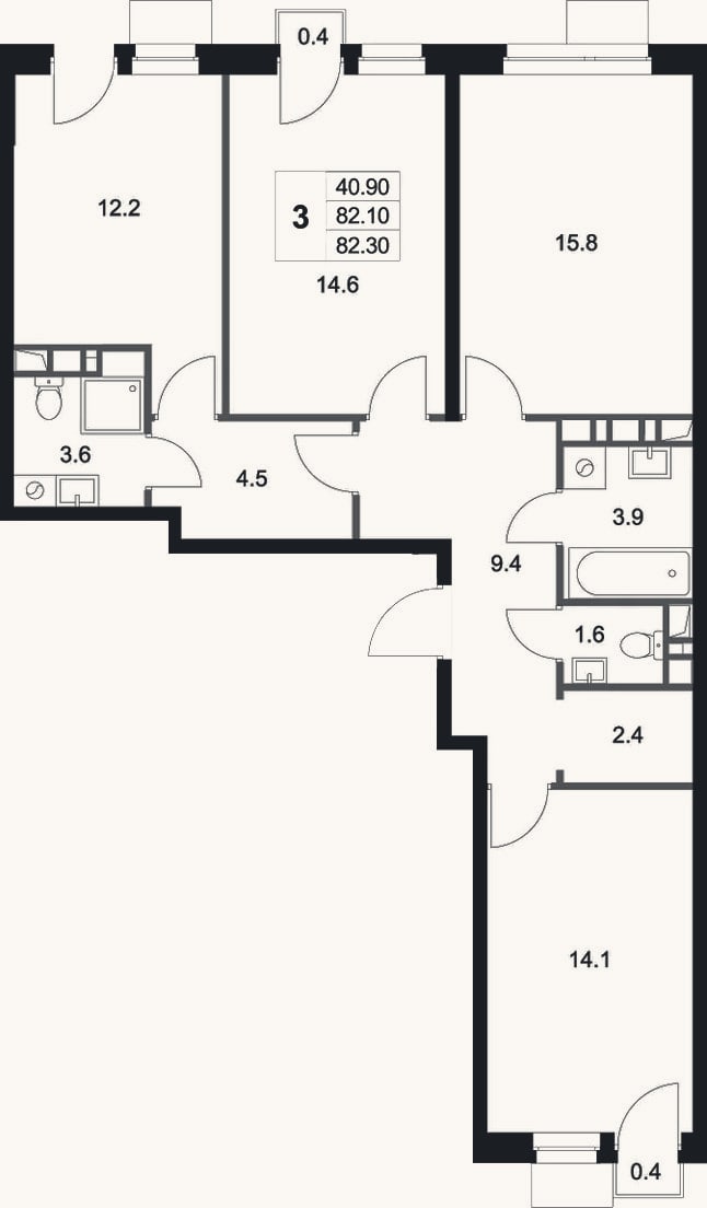 Планировка: 3-к, 82,1 м²