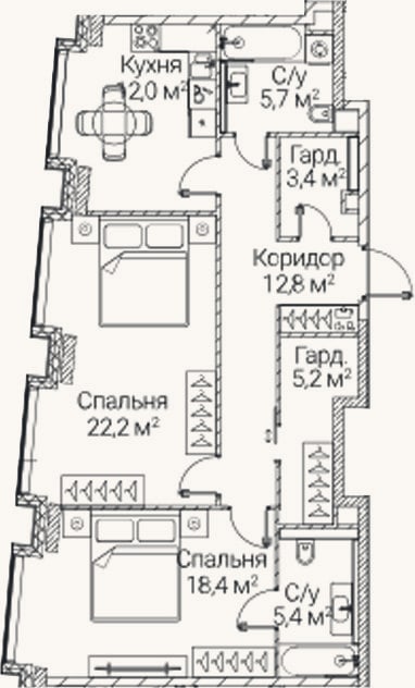Планировка: 2-к, 85,1 м²