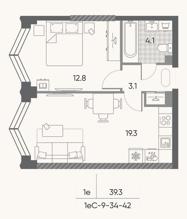 Планировка: 2-к, 39,3 м²